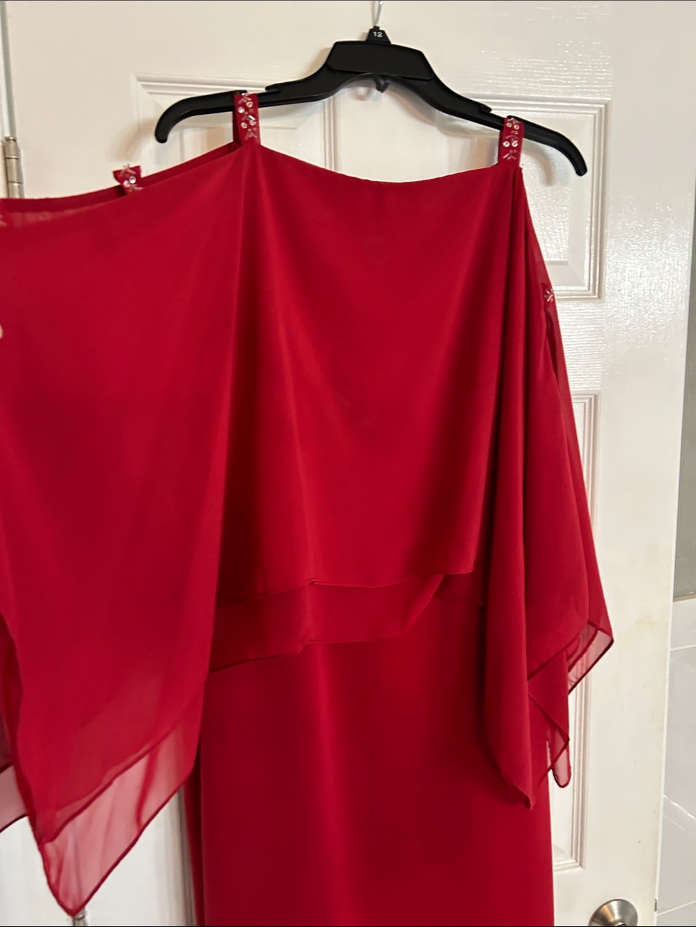 SLNY Red Cold Shoulder Chiffon Midi Dress